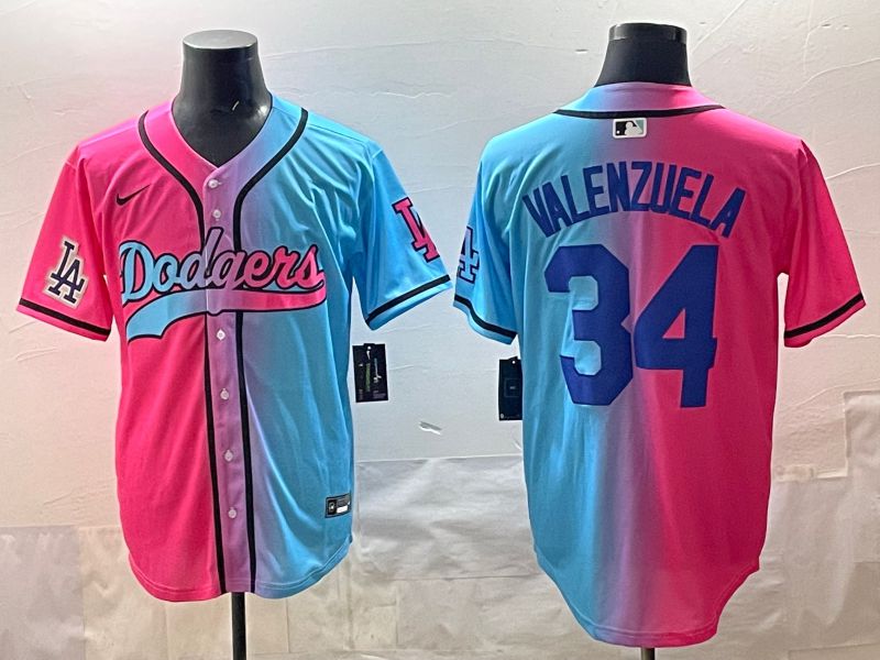 Men 2025 Los Angeles Dodgers #34 Valenzuela Blue pink Game Nike MLB Jersey style 08->detroit tigers->MLB Jersey